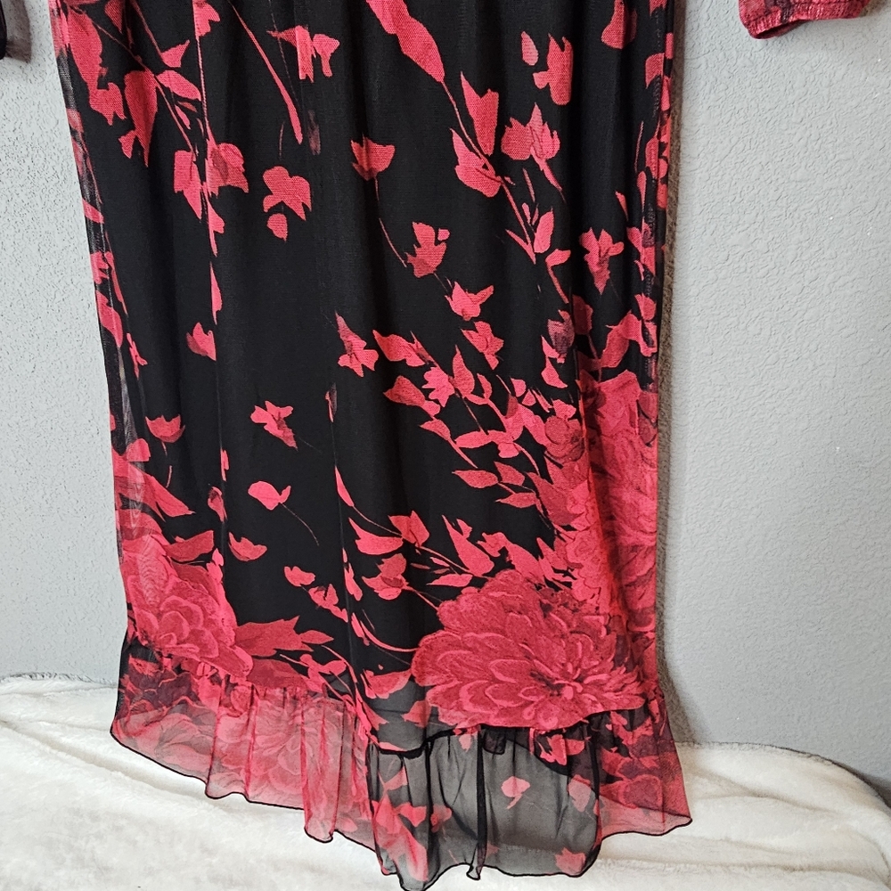 Kate and‎ Lily Dress Womens 4 Mesh Floral V Neck Sheer Sleeve Ruffle Midi Dark - Picture 14 of 15